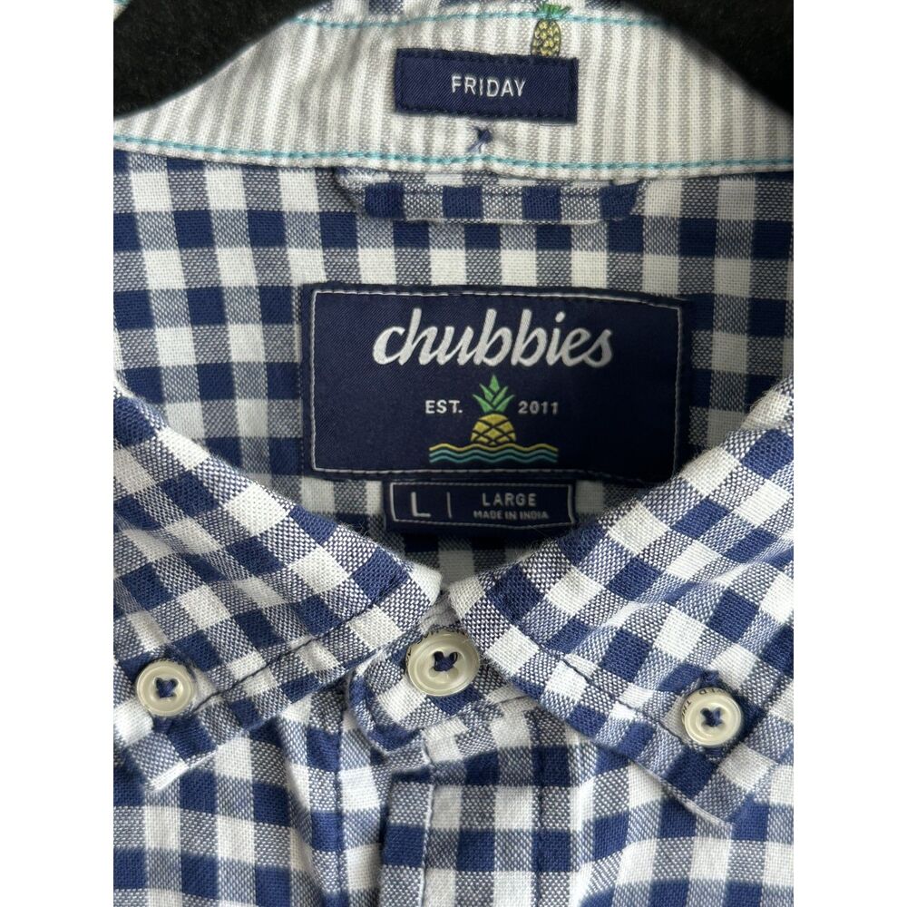 Chubbies Friday Button Down Shirt Men’s Large Blue White Gingham Check Stretch